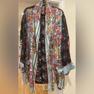 Johnny Was silk Floral Kimono in Meadow. Boho style open robe, multicolor Large
